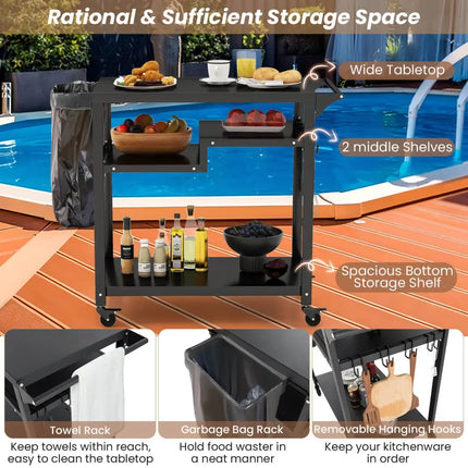 Rolling Grill Cart 3-Shelf BBQ Cart with Hooks and Side Handle-Black - Black - Outdoor Grills
