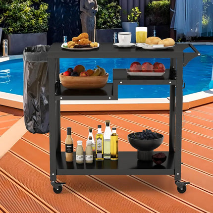 Rolling Grill Cart 3-Shelf BBQ Cart with Hooks and Side Handle-Black - Black - Outdoor Grills