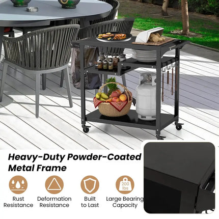 Rolling Grill Cart 3-Shelf BBQ Cart with Hooks and Side Handle-Black - Black - Outdoor Grills