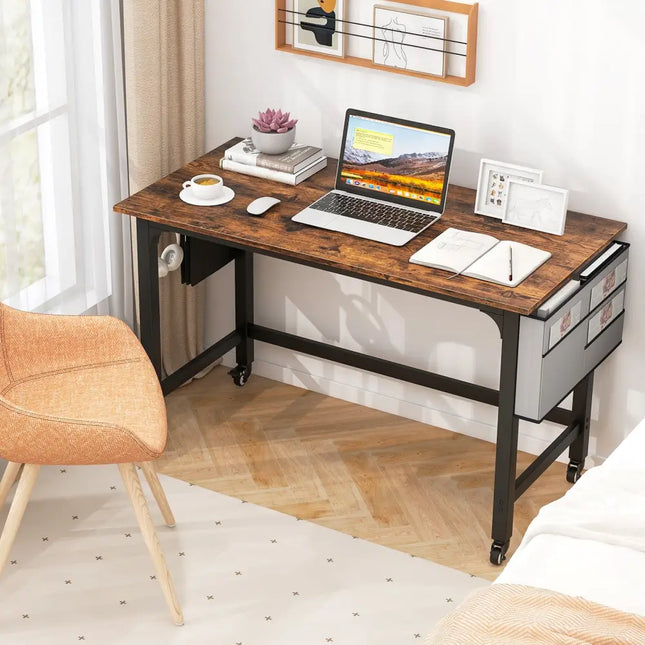 Rolling Home Office Computer Desk with Detachable Fabric Bag-Rustic Brown - Brown - Writing Desks