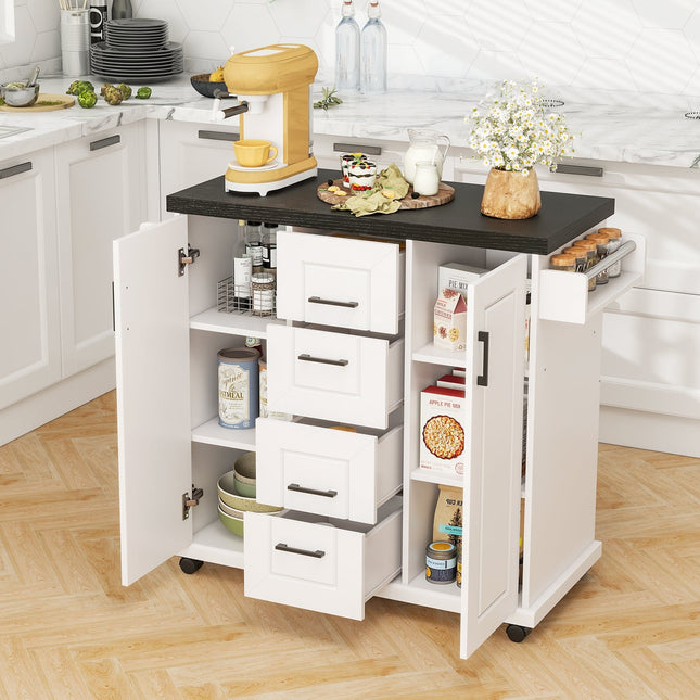 Rolling Kitchen Island Cart on Wheels with Storage Cabinets-White - White - Kitchen Islands & Carts