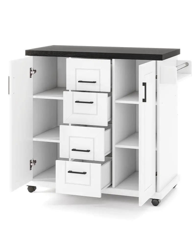 Rolling Kitchen Island Cart on Wheels with Storage Cabinets-White - White - Kitchen Islands & Carts