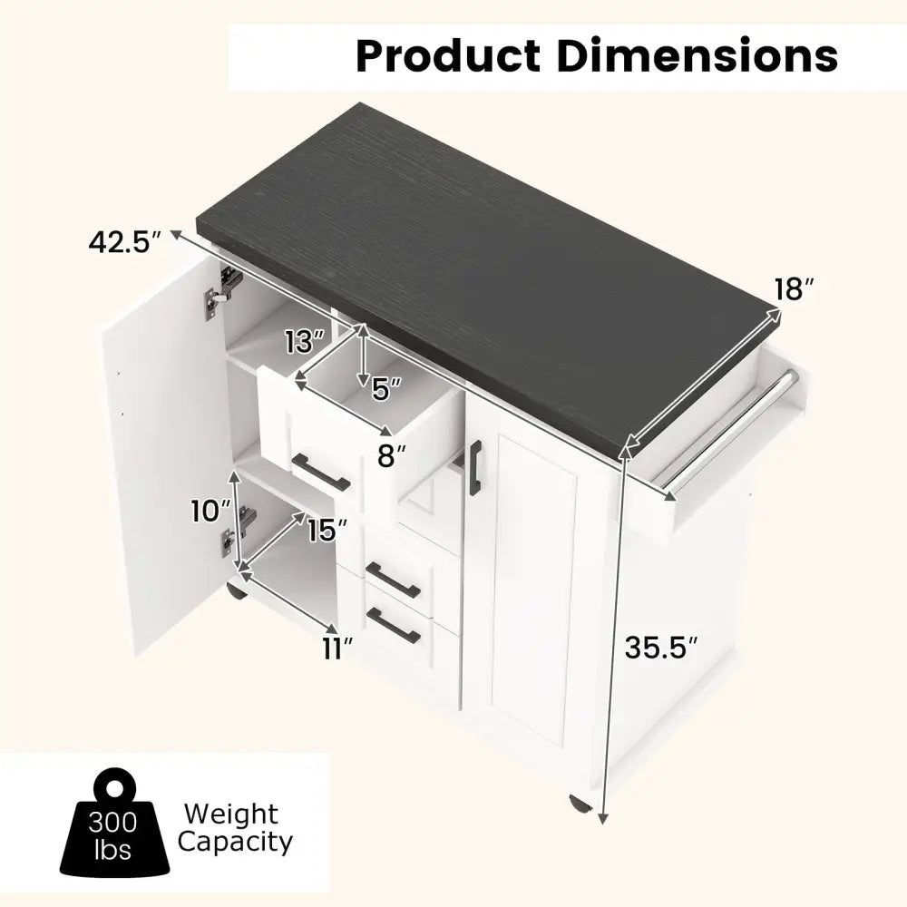 Rolling Kitchen Island Cart on Wheels with Storage Cabinets-White - White - Kitchen Islands & Carts