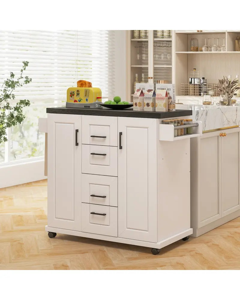 Rolling Kitchen Island Cart on Wheels with Storage Cabinets-White - White - Kitchen Islands & Carts