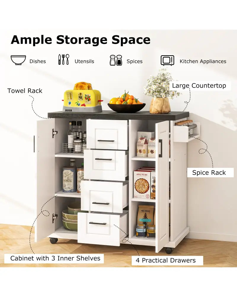 Rolling Kitchen Island Cart on Wheels with Storage Cabinets-White - White - Kitchen Islands & Carts