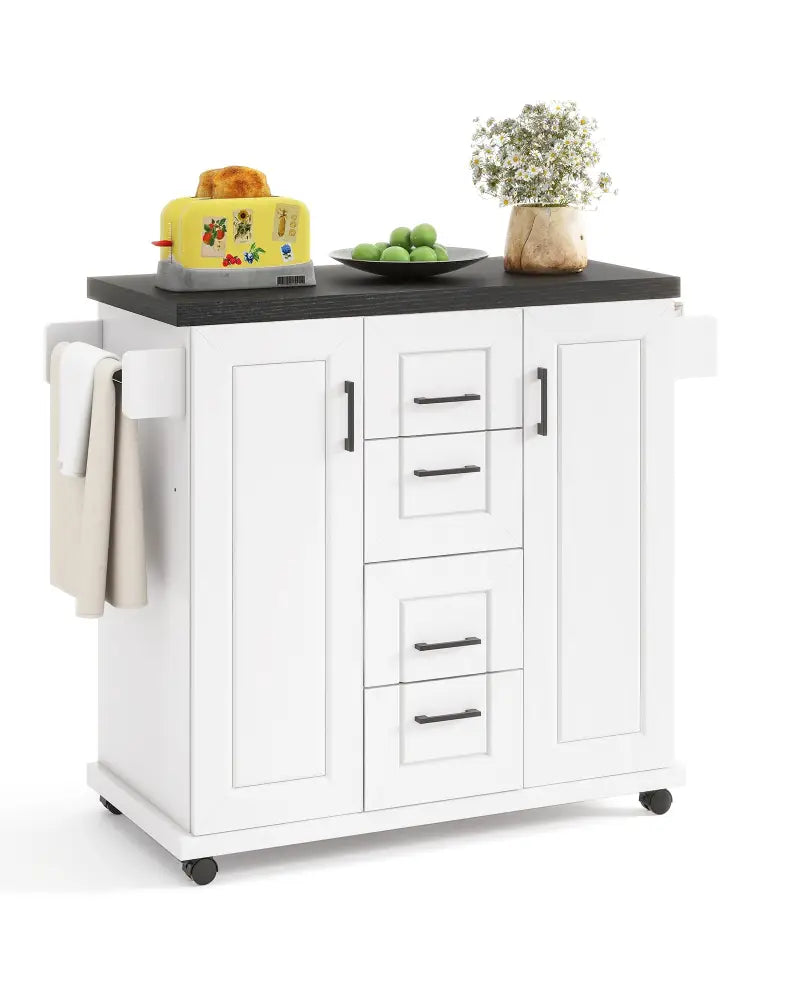 Rolling Kitchen Island Cart on Wheels with Storage Cabinets-White - White - Kitchen Islands & Carts