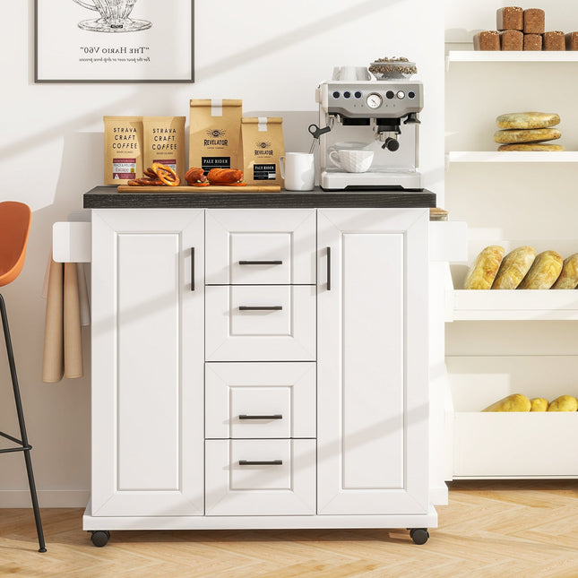 Rolling Kitchen Island Cart on Wheels with Storage Cabinets-White - White - Kitchen Islands & Carts