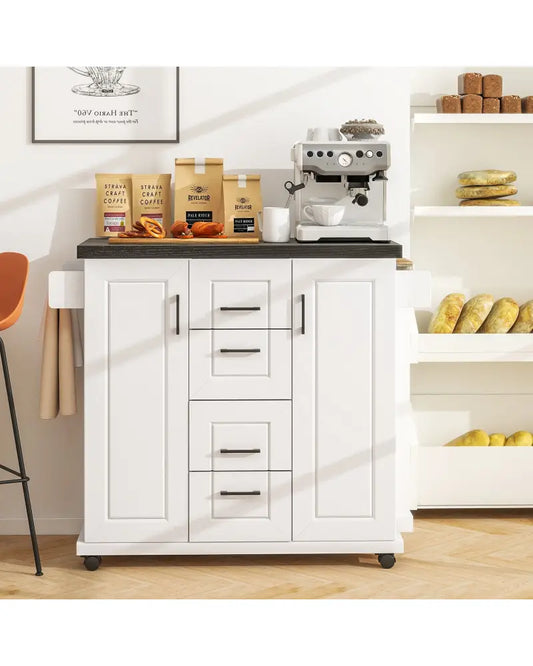 Rolling Kitchen Island Cart on Wheels with Storage Cabinets-White - White - Kitchen Islands & Carts