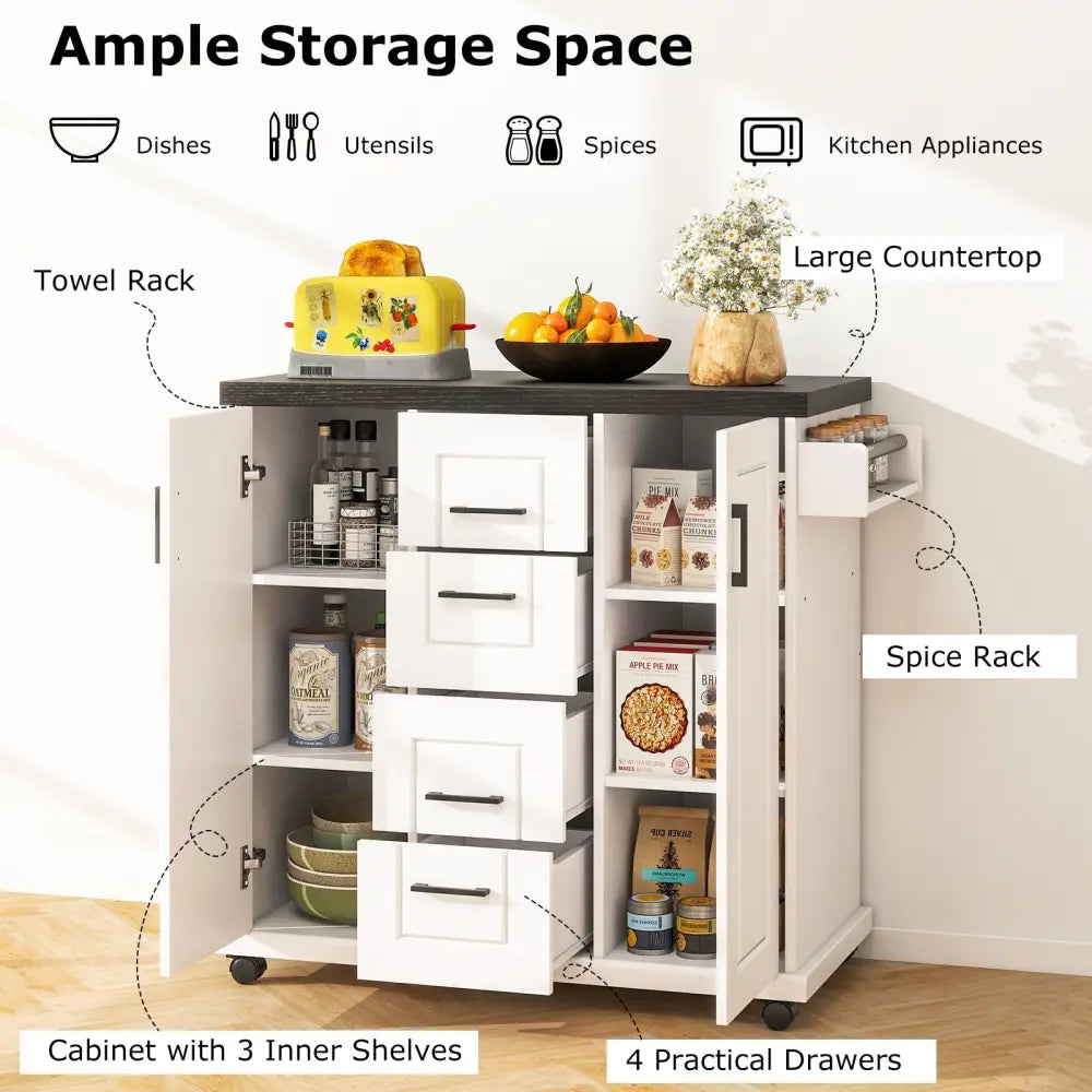 Rolling Kitchen Island Cart on Wheels with Storage Cabinets-White - White - Kitchen Islands & Carts