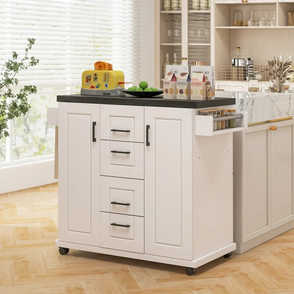 Rolling Kitchen Island Cart on Wheels with Storage Cabinets-White - White - Kitchen Islands & Carts