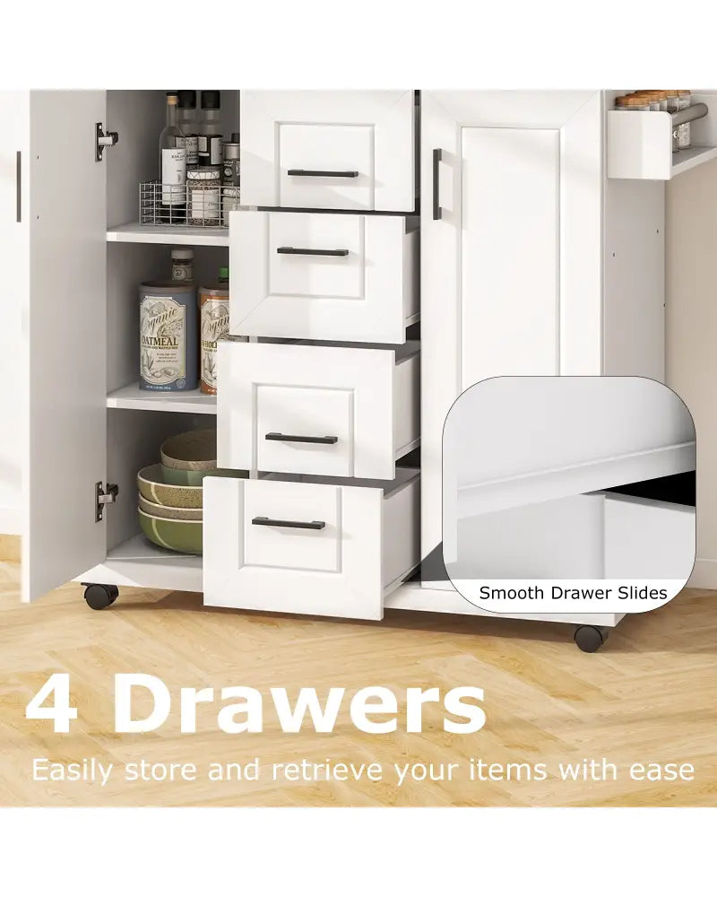 Rolling Kitchen Island Cart on Wheels with Storage Cabinets-White - White - Kitchen Islands & Carts