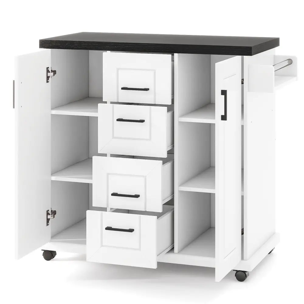 Rolling Kitchen Island Cart on Wheels with Storage Cabinets-White - White - Kitchen Islands & Carts