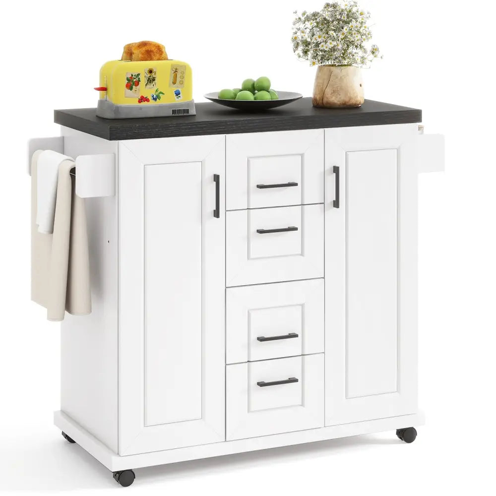 Rolling Kitchen Island Cart on Wheels with Storage Cabinets-White - White - Kitchen Islands & Carts