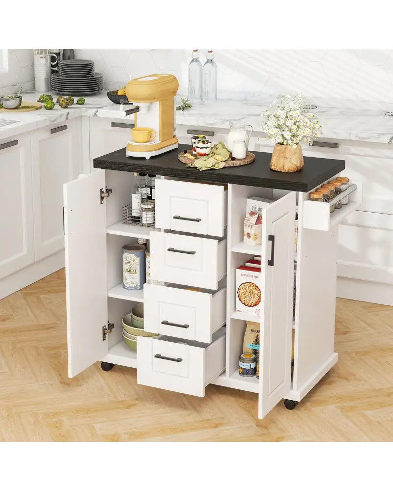 Rolling Kitchen Island Cart on Wheels with Storage Cabinets-White - White - Kitchen Islands & Carts