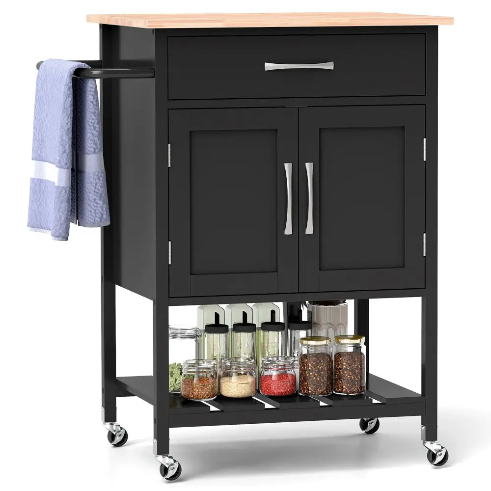 Rolling Kitchen Island Cart with Drawer and Towel Rack-Black - Black - Kitchen Islands & Carts