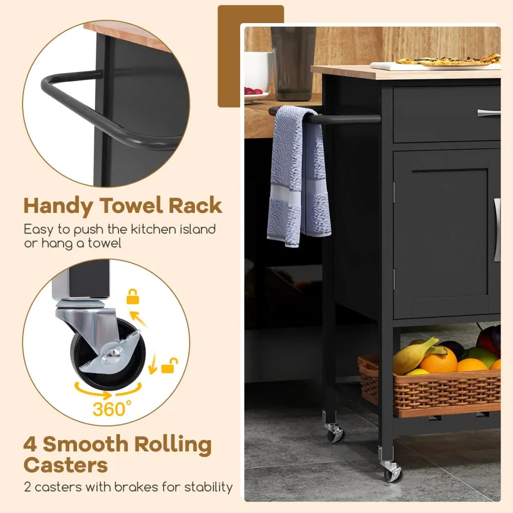 Rolling Kitchen Island Cart with Drawer and Towel Rack-Black - Black - Kitchen Islands & Carts