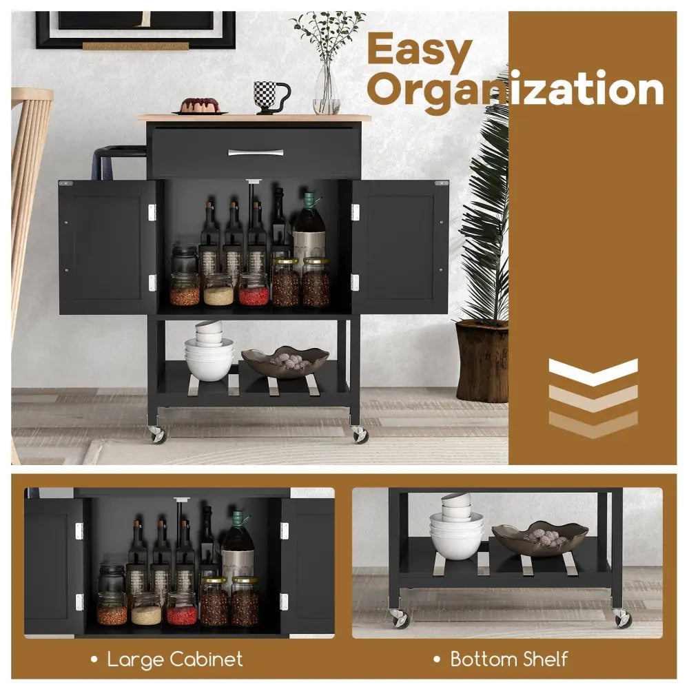Rolling Kitchen Island Cart with Drawer and Towel Rack-Black - Black - Kitchen Islands & Carts