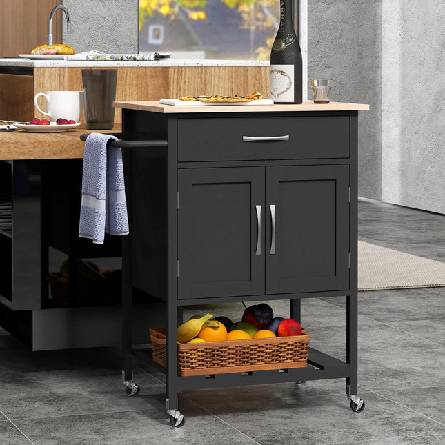 Rolling Kitchen Island Cart with Drawer and Towel Rack-Black - Black - Kitchen Islands & Carts
