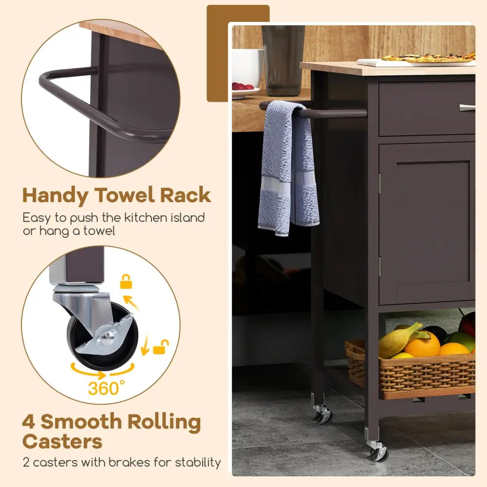 Rolling Kitchen Island Cart with Drawer and Towel Rack-Brown - Brown - Kitchen Islands & Carts
