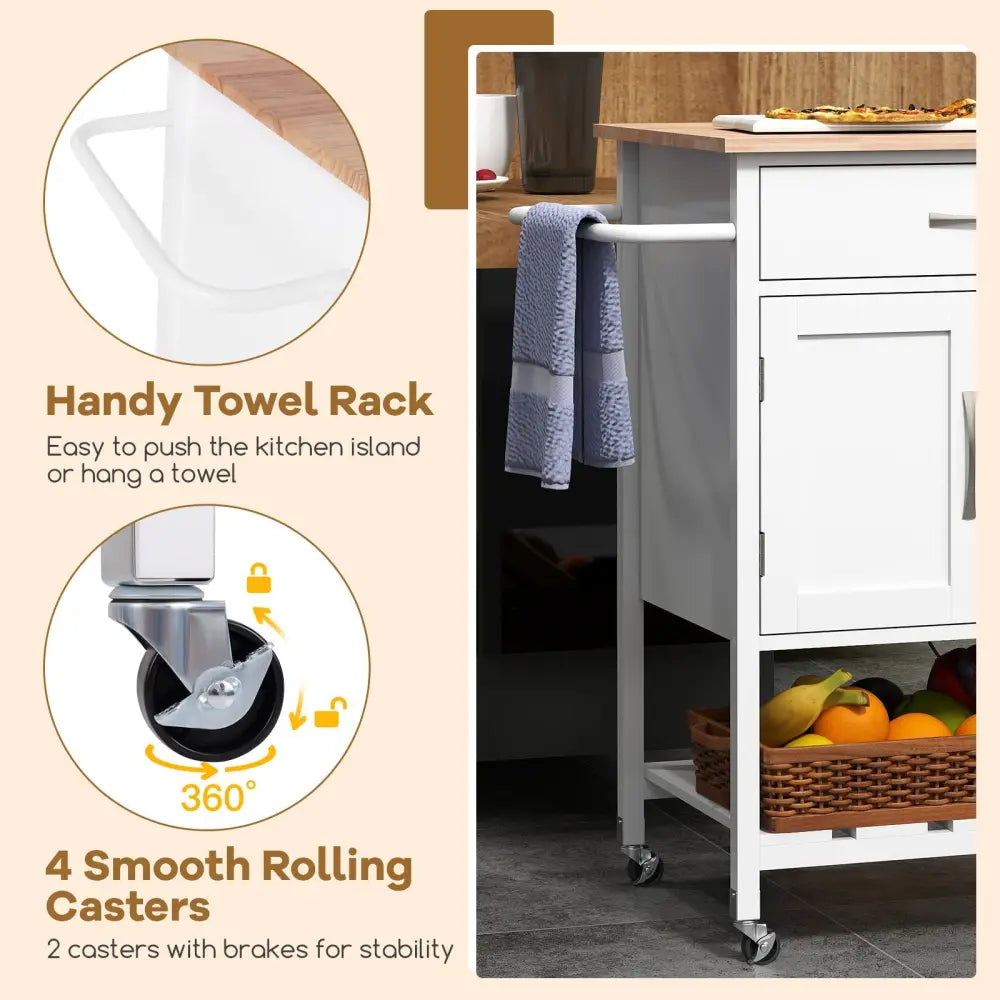 Rolling Kitchen Island Cart with Drawer and Towel Rack-White - White - Kitchen Islands & Carts