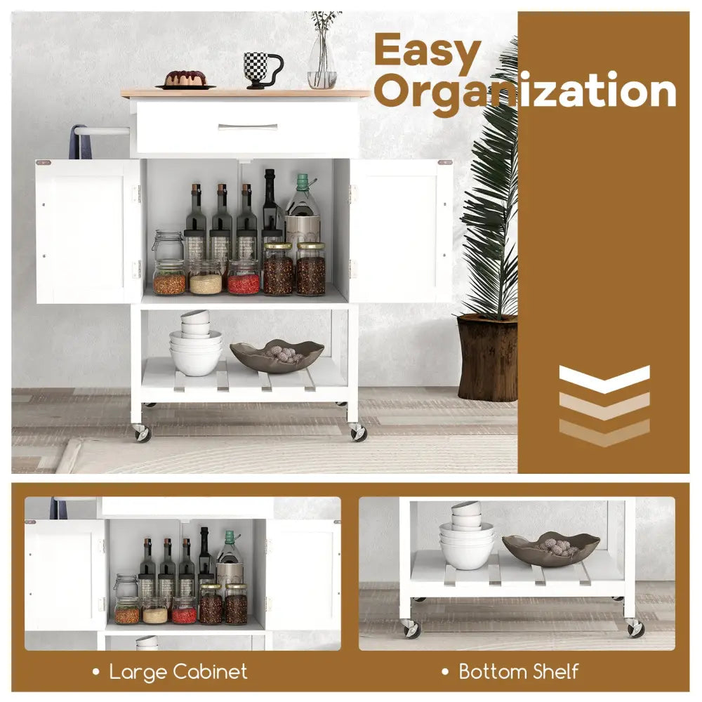Rolling Kitchen Island Cart with Drawer and Towel Rack-White - White - Kitchen Islands & Carts