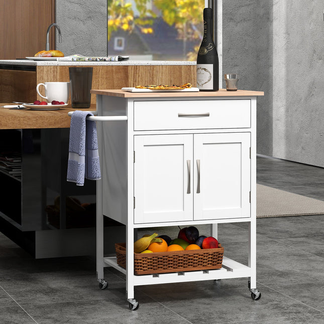 Rolling Kitchen Island Cart with Drawer and Towel Rack-White - White - Kitchen Islands & Carts