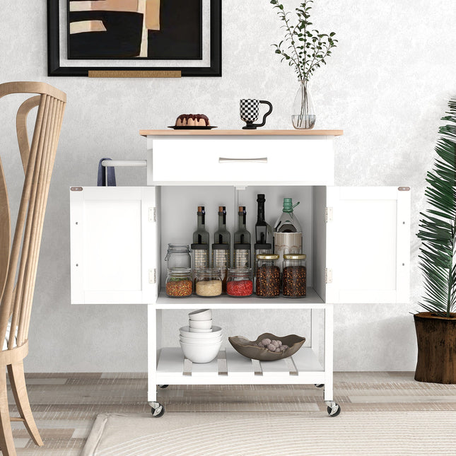 Rolling Kitchen Island Cart with Drawer and Towel Rack-White - White - Kitchen Islands & Carts