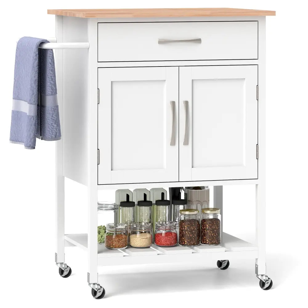 Rolling Kitchen Island Cart with Drawer and Towel Rack-White - White - Kitchen Islands & Carts