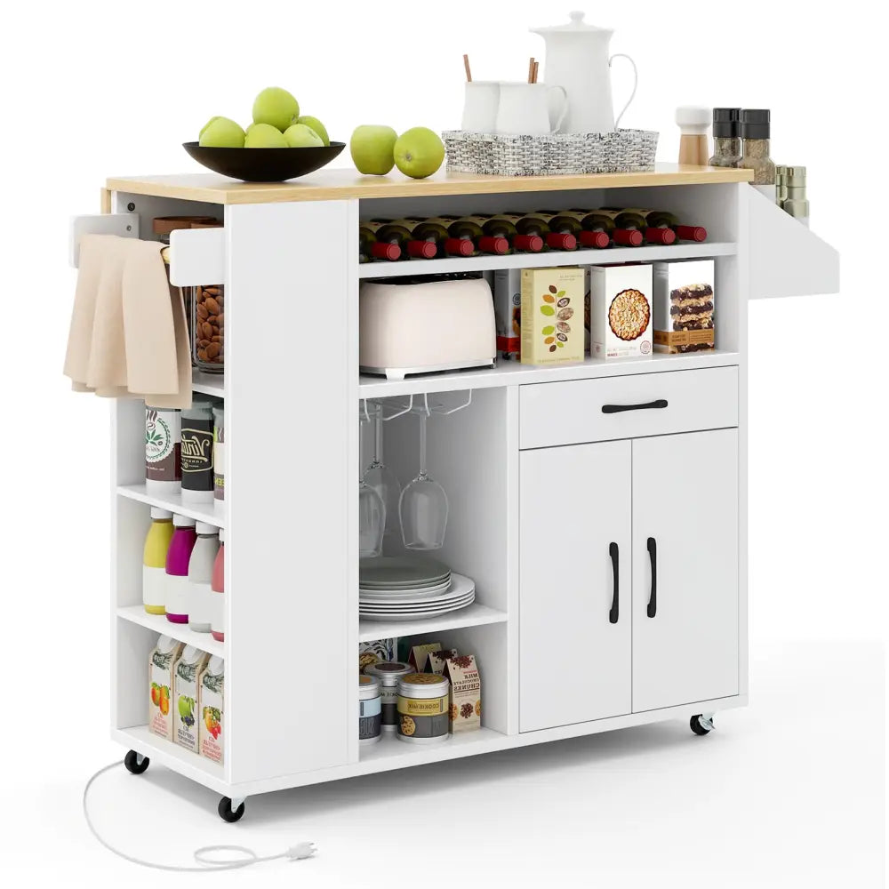 Rolling Kitchen Island Cart with Power Outlet for Dining Room-White and Natural - White - Kitchen Islands & Carts