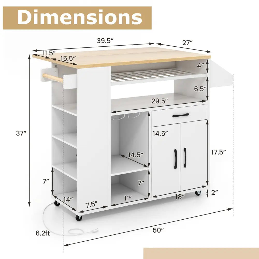 Rolling Kitchen Island Cart with Power Outlet for Dining Room-White and Natural - White - Kitchen Islands & Carts