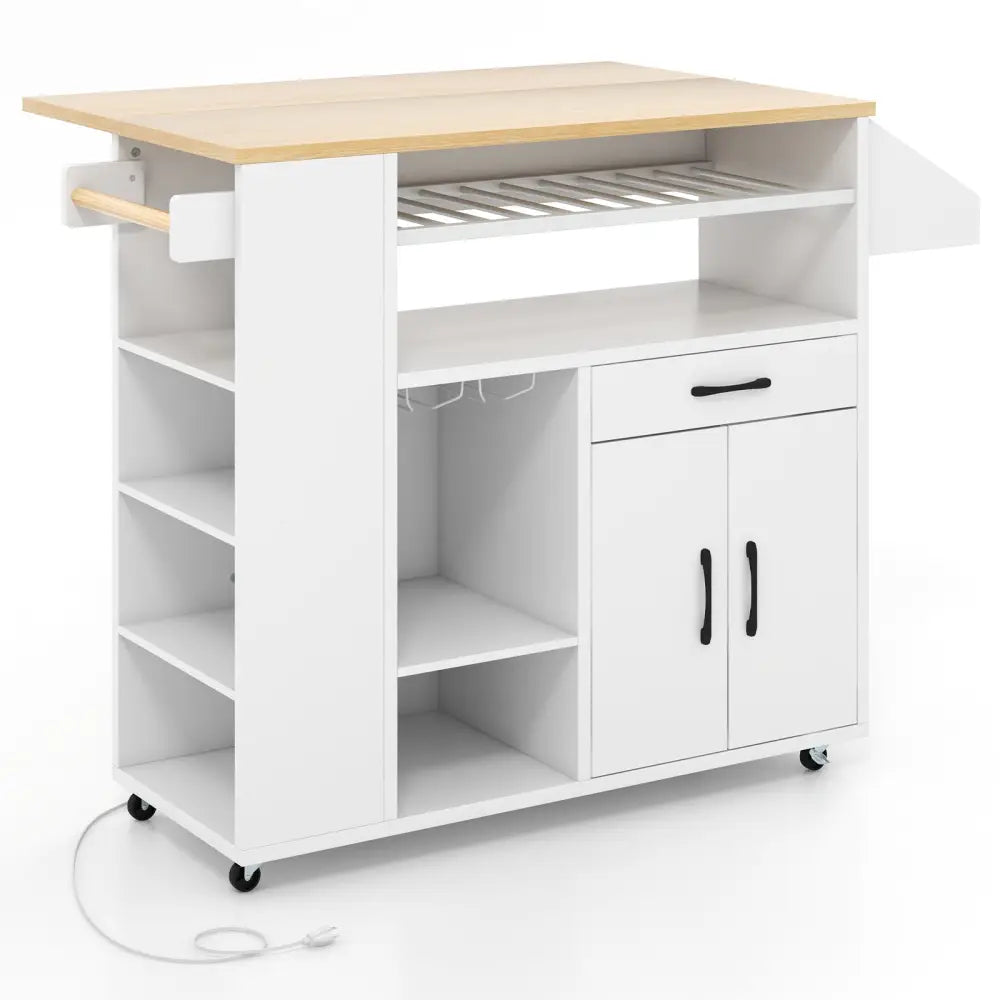 Rolling Kitchen Island Cart with Power Outlet for Dining Room-White and Natural - White - Kitchen Islands & Carts