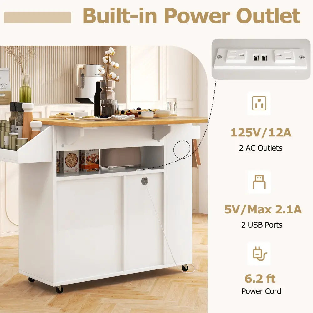Rolling Kitchen Island Cart with Power Outlet for Dining Room-White and Natural - White - Kitchen Islands & Carts