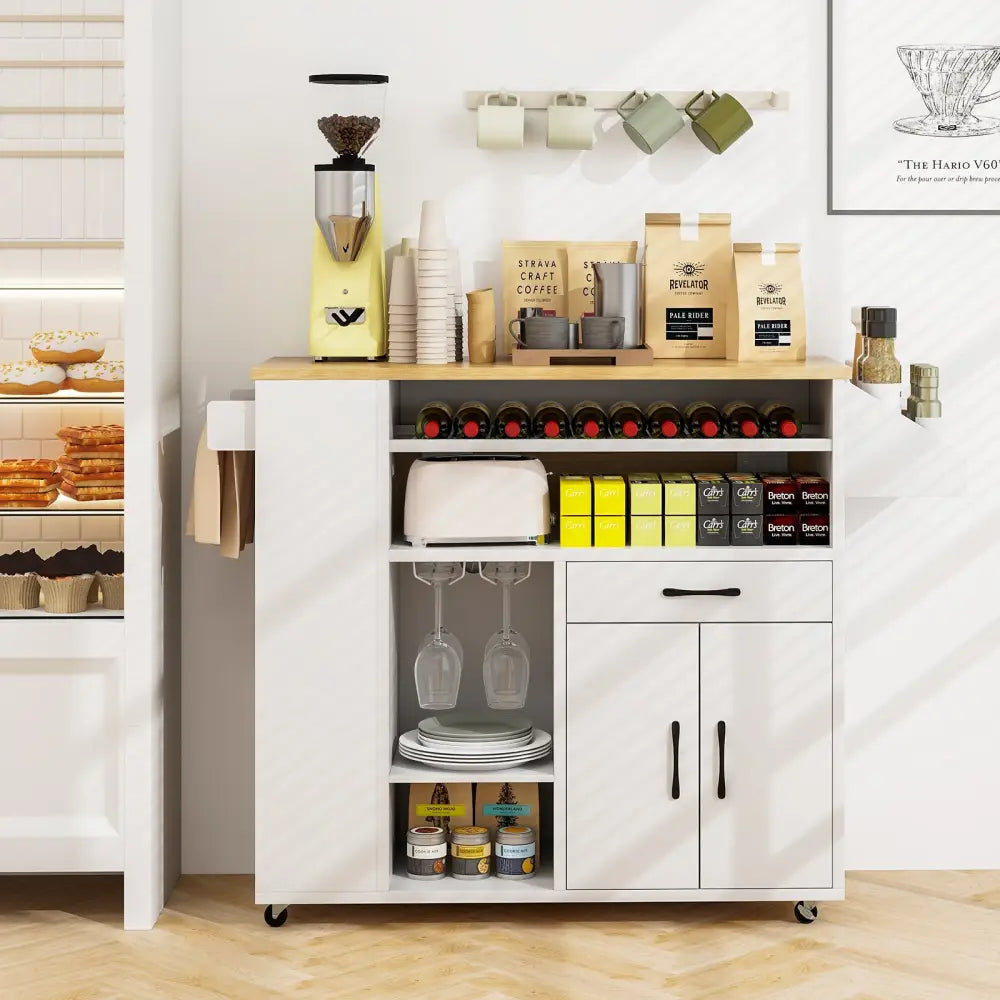 Rolling Kitchen Island Cart with Power Outlet for Dining Room-White and Natural - White - Kitchen Islands & Carts