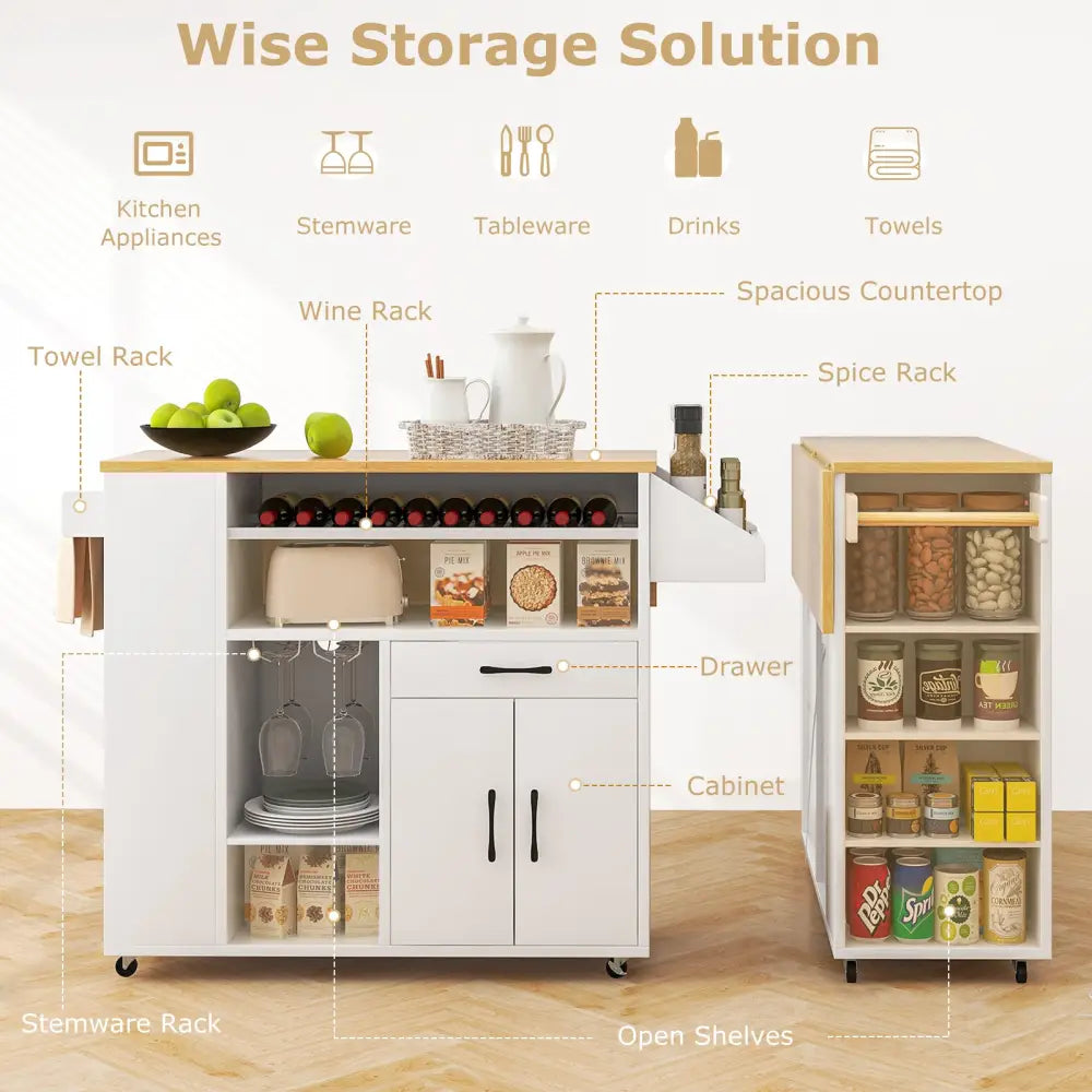 Rolling Kitchen Island Cart with Power Outlet for Dining Room-White and Natural - White - Kitchen Islands & Carts