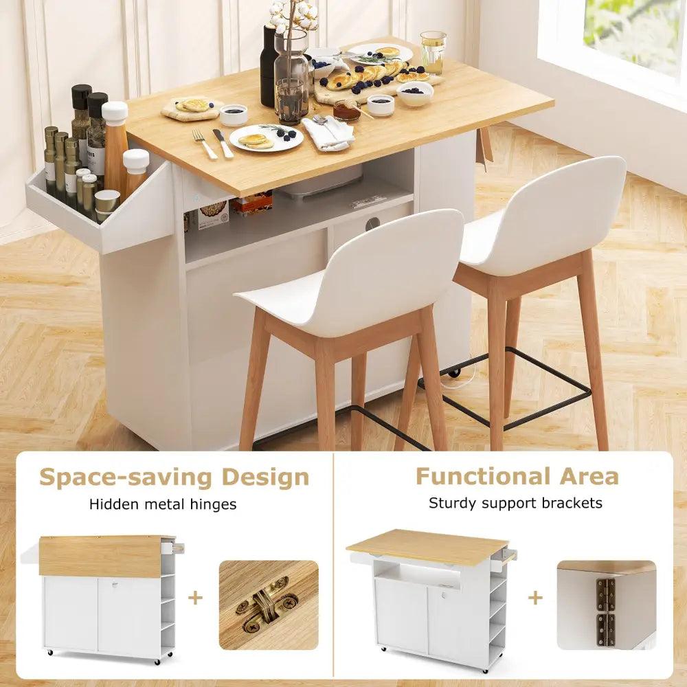 Rolling Kitchen Island Cart with Power Outlet for Dining Room-White and Natural - White - Kitchen Islands & Carts