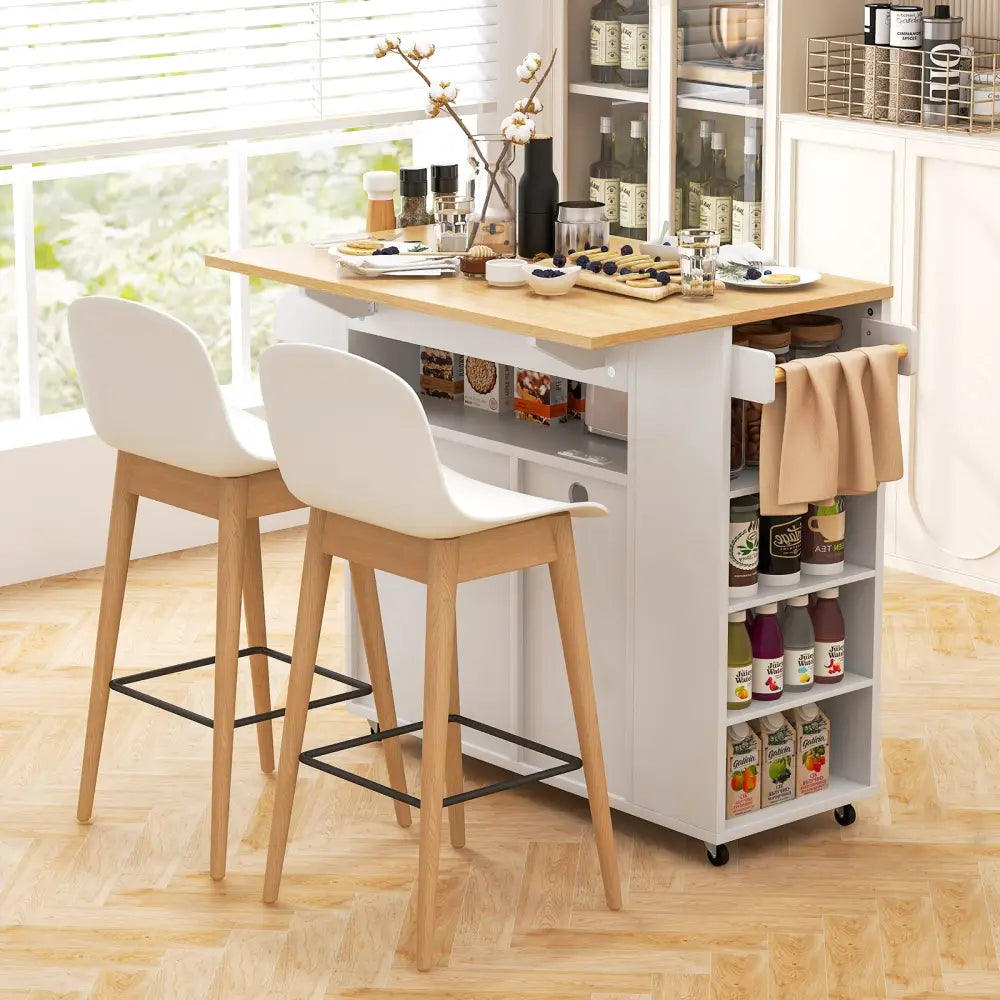 Rolling Kitchen Island Cart with Power Outlet for Dining Room-White and Natural - White - Kitchen Islands & Carts