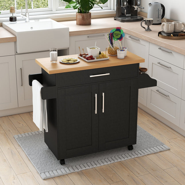 Rolling Kitchen Island Cart with Towel and Spice Rack-Black - Black - Kitchen Islands & Carts