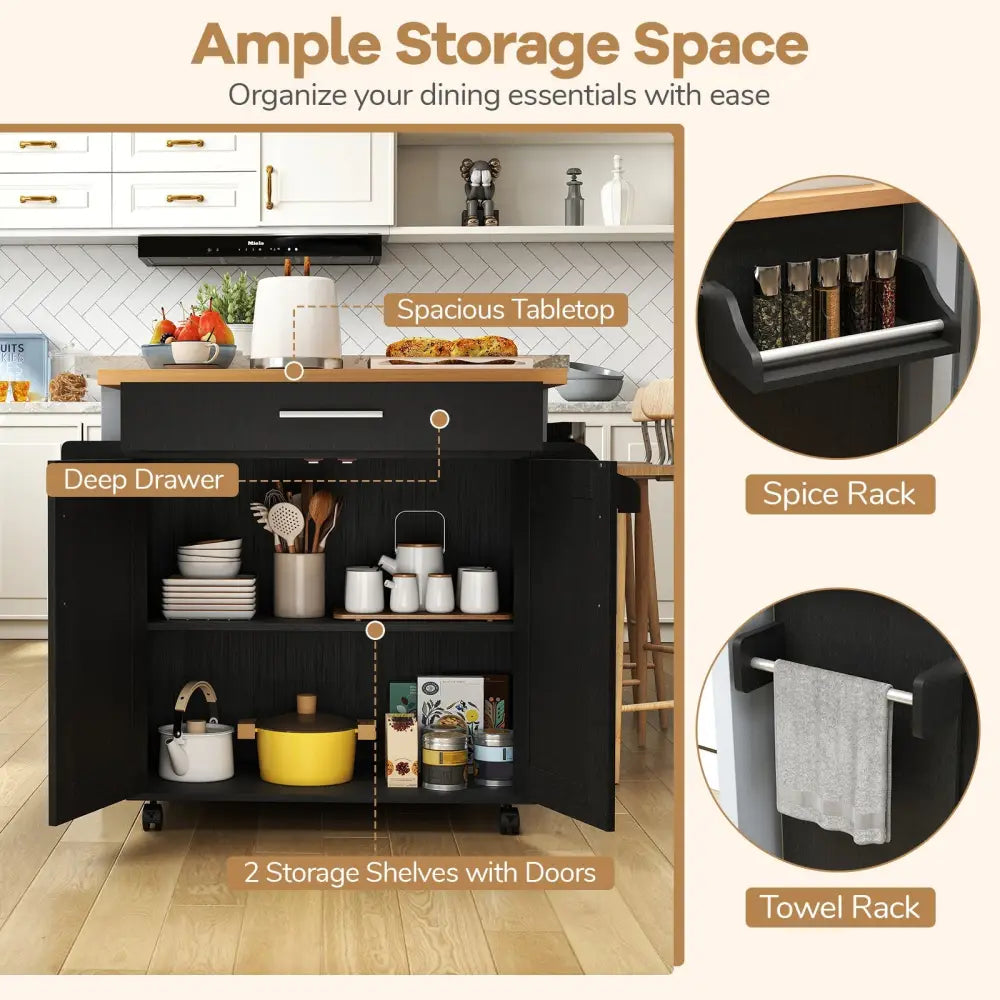 Rolling Kitchen Island Cart with Towel and Spice Rack-Black - Black - Kitchen Islands & Carts