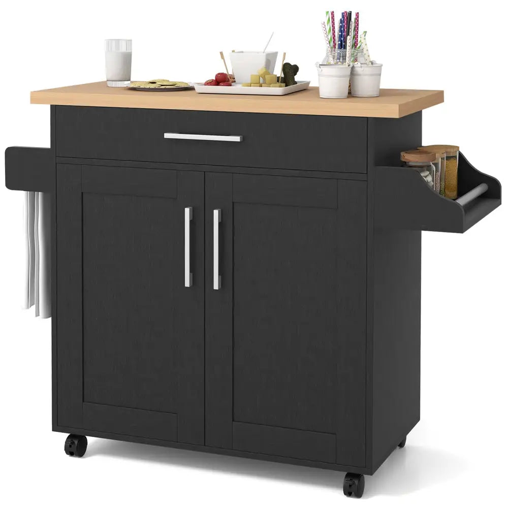 Rolling Kitchen Island Cart with Towel and Spice Rack-Black - Black - Kitchen Islands & Carts