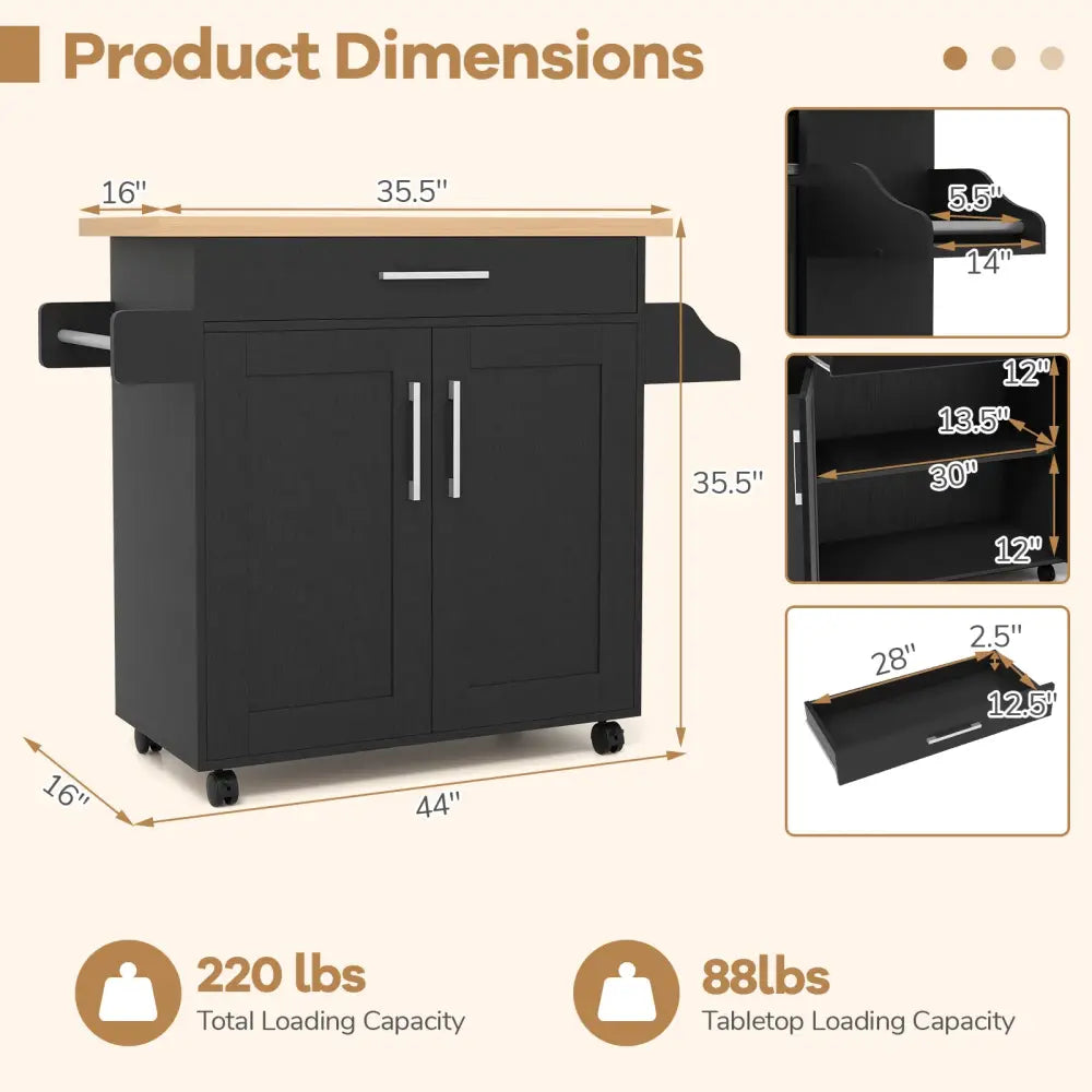 Rolling Kitchen Island Cart with Towel and Spice Rack-Black - Black - Kitchen Islands & Carts
