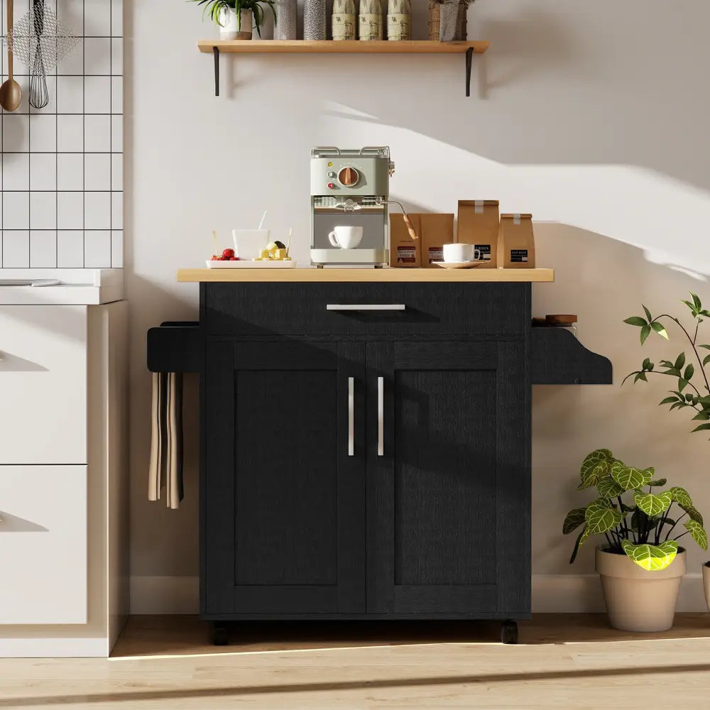 Rolling Kitchen Island Cart with Towel and Spice Rack-Black - Black - Kitchen Islands & Carts