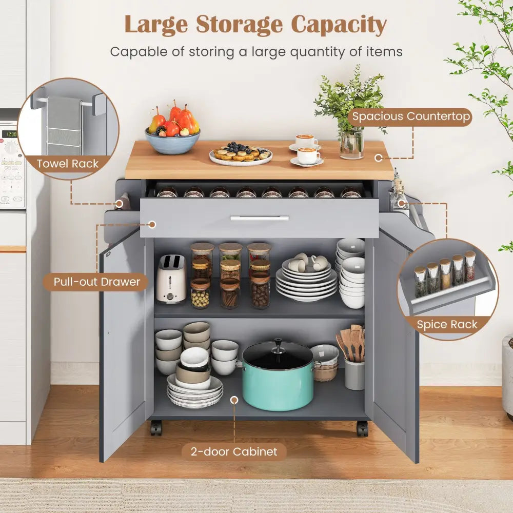 Rolling Kitchen Island Cart with Towel and Spice Rack-Gray - Gray - Kitchen Islands & Carts