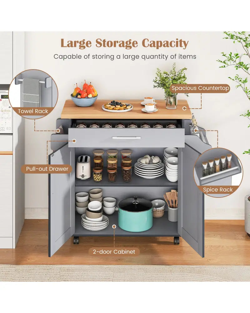 Rolling Kitchen Island Cart with Towel and Spice Rack-Gray - Gray - Kitchen Islands & Carts