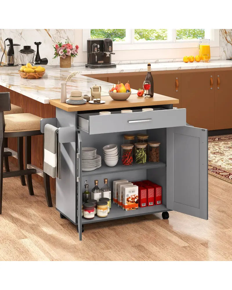 Rolling Kitchen Island Cart with Towel and Spice Rack-Gray - Gray - Kitchen Islands & Carts