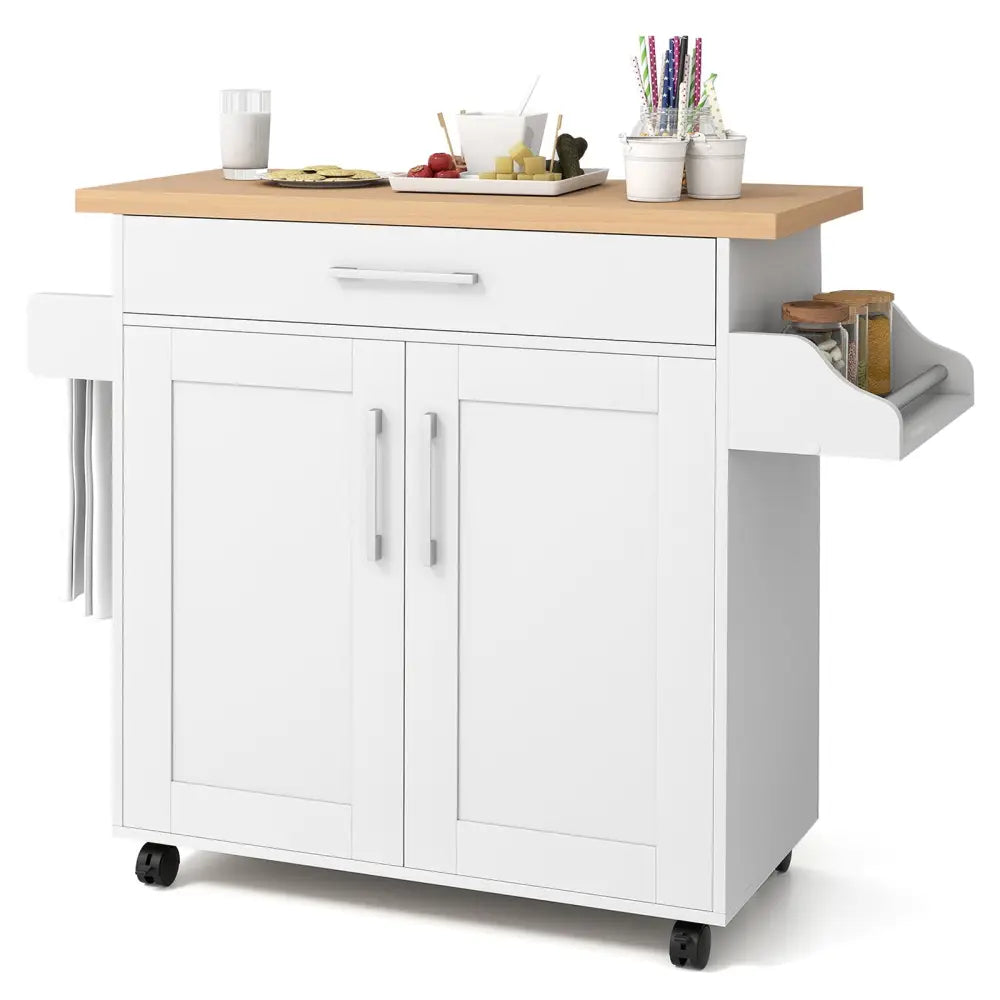 Rolling Kitchen Island Cart with Towel and Spice Rack-White - White - Kitchen Islands & Carts