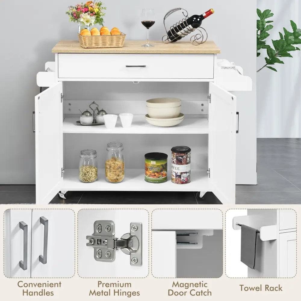 Rolling Kitchen Island Cart with Towel and Spice Rack-White - White - Kitchen Islands & Carts
