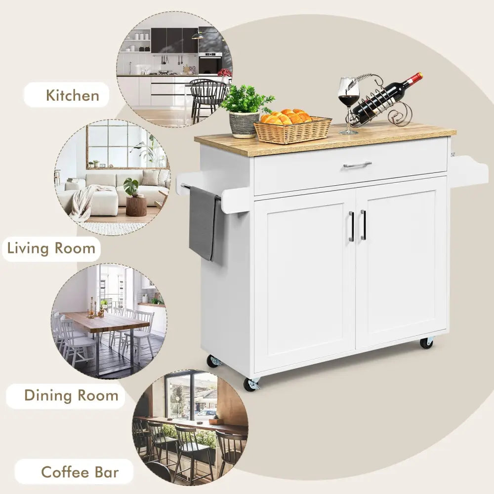 Rolling Kitchen Island Cart with Towel and Spice Rack-White - White - Kitchen Islands & Carts