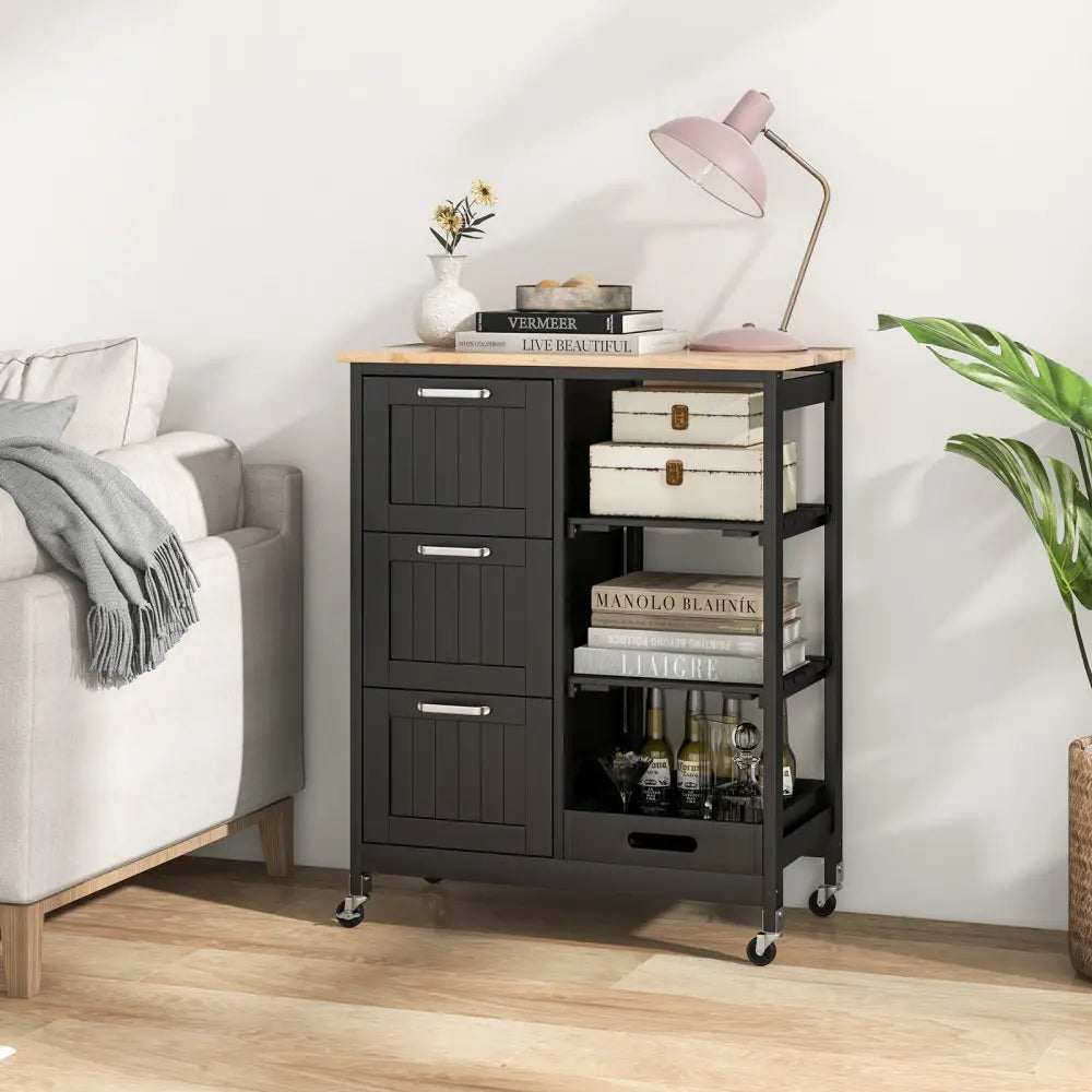 Rolling Kitchen Island Utility Storage Cart with 3 Large Drawers-Black - Black - Kitchen Islands & Carts