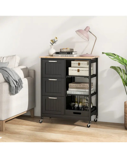 Rolling Kitchen Island Utility Storage Cart with 3 Large Drawers-Black - Black - Kitchen Islands & Carts