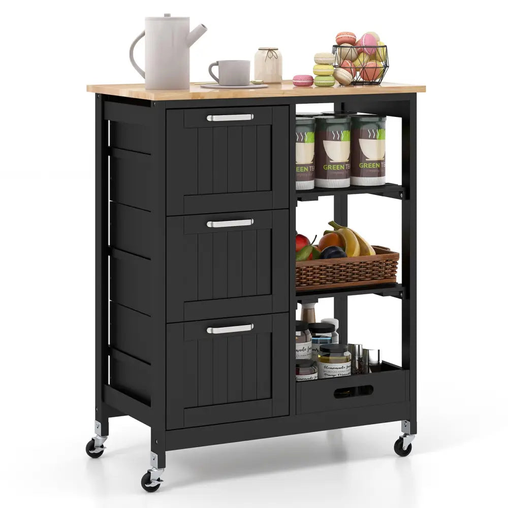 Rolling Kitchen Island Utility Storage Cart with 3 Large Drawers-Black - Black - Kitchen Islands & Carts